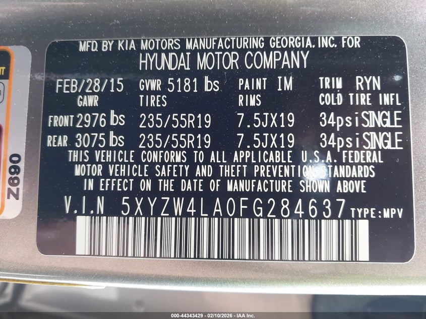 2015 Hyundai Santa fe VIN 5XYZW4LA0FG284637 IAAI salvage auction — FRONT END, Salvage (Tennessee), sold $1,100 on 2026-07-29 (photo 9)