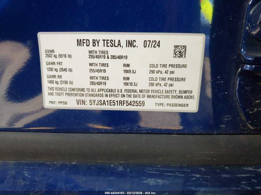 2024 Tesla Model s VIN 5YJSA1E51RF542559 IAAI salvage auction — FRONT END, Salvage (California), sold $1,150 on 2026-07-30 (photo 9)