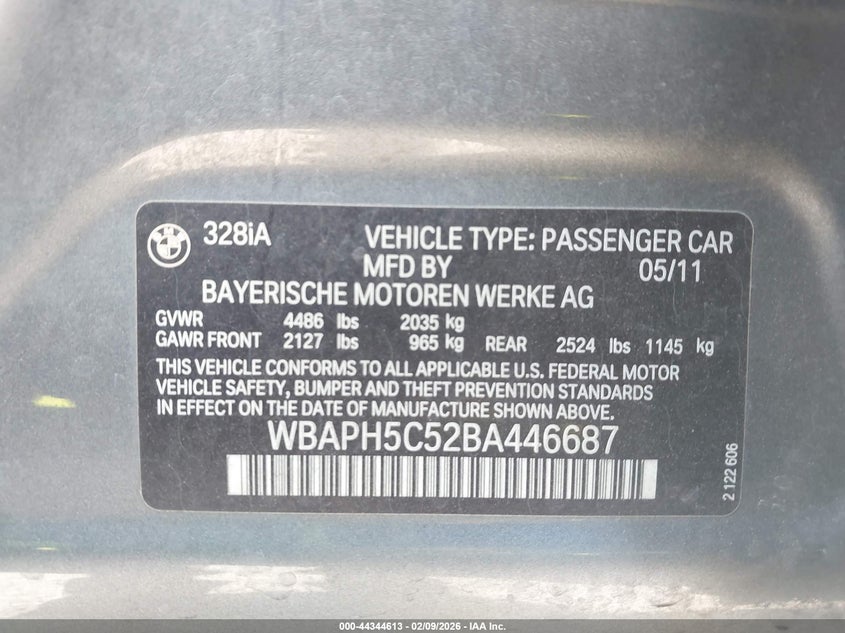 2011 BMW 3er VIN WBAPH5C52BA446687 IAAI salvage auction — REAR END, Salvage (Texas), sold $1,175 on 2026-07-15 (photo 9)