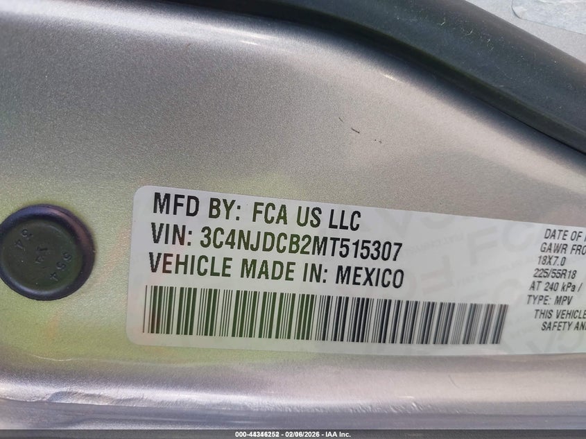 2021 Jeep Compass VIN 3C4NJDCB2MT515307 IAAI salvage auction — FRONT END, Salvage Title, sold $775 on 2026-08-03 (photo 9)