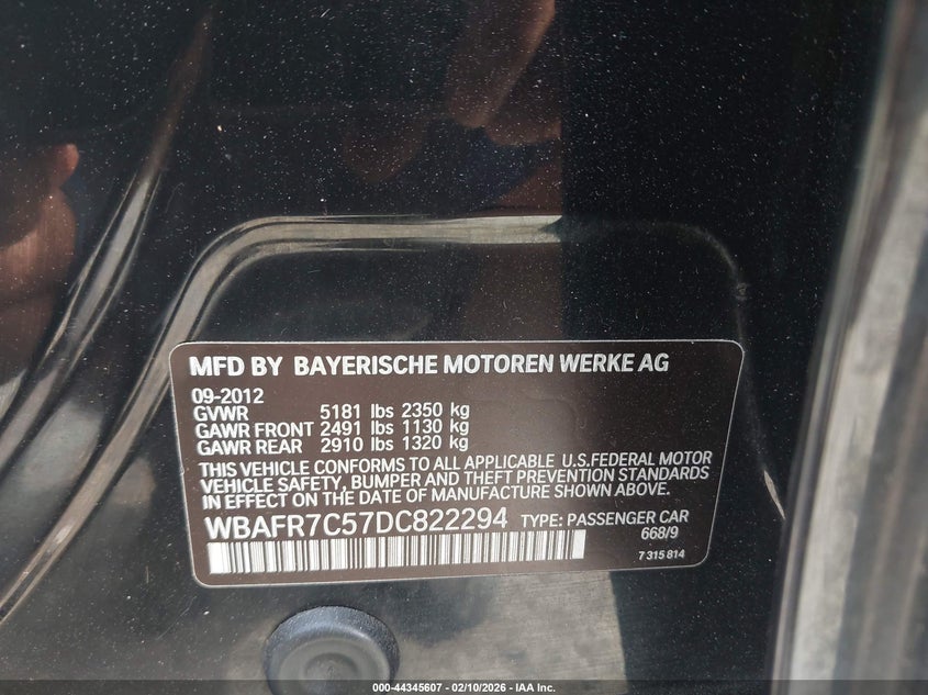 2013 BMW 5er VIN WBAFR7C57DC822294 IAAI salvage auction — FRONT END, Salvage (Georgia), sold $1,700 on 2026-07-28 (photo 9)