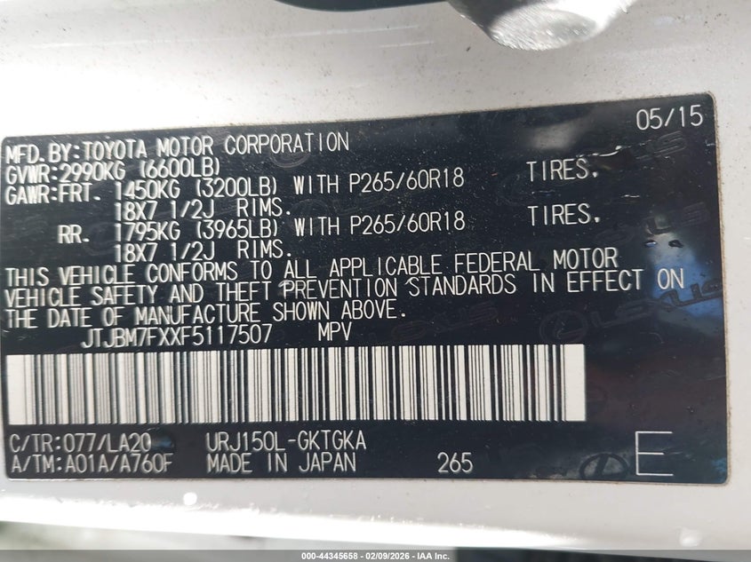 2015 Lexus Gx VIN JTJBM7FXXF5117507 IAAI salvage auction — FRONT END, Salvage (Missouri), sold $7,600 on 2026-07-23 (photo 9)