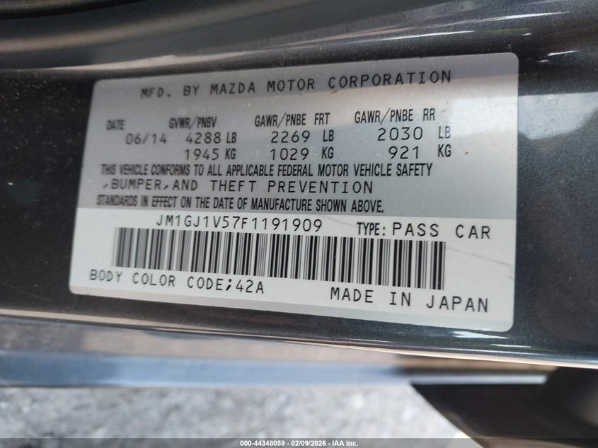 2015 Mazda 6 VIN JM1GJ1V57F1191909 IAAI salvage auction — FRONT END, Salvage Title, sold $25 on 2026-07-21 (photo 9)