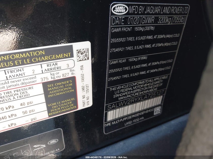 2020 Land rover Range rover sport VIN SALWV2RYXLA725127 IAAI salvage auction — LEFT REAR, Salvage Title, sold $12,700 on 2026-07-22 (photo 9)