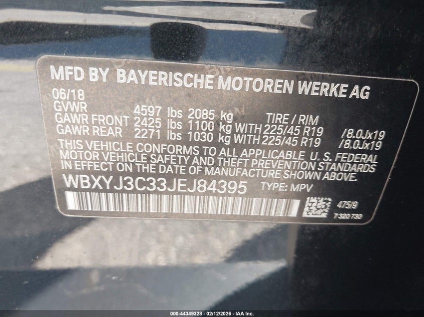 2018 BMW X2 VIN WBXYJ3C33JEJ84395 IAAI salvage auction — UNKNOWN, Salvage Title, sold $3,700 on 2026-07-23 (photo 9)