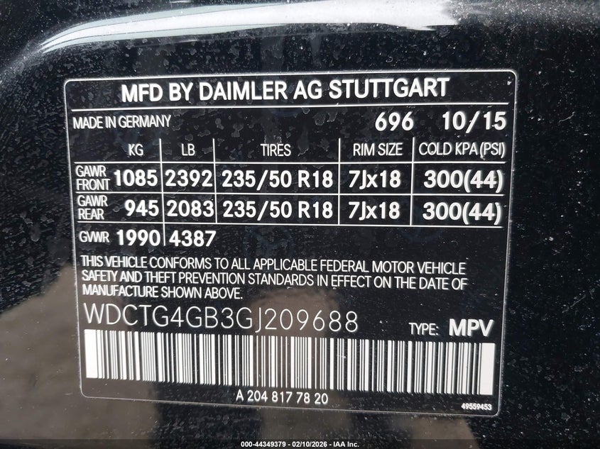 2016 Mercedes-benz Gla-klasse VIN WDCTG4GB3GJ209688 IAAI salvage auction — FRONT END, Salvage Title, sold $1,300 on 2026-07-12 (photo 9)