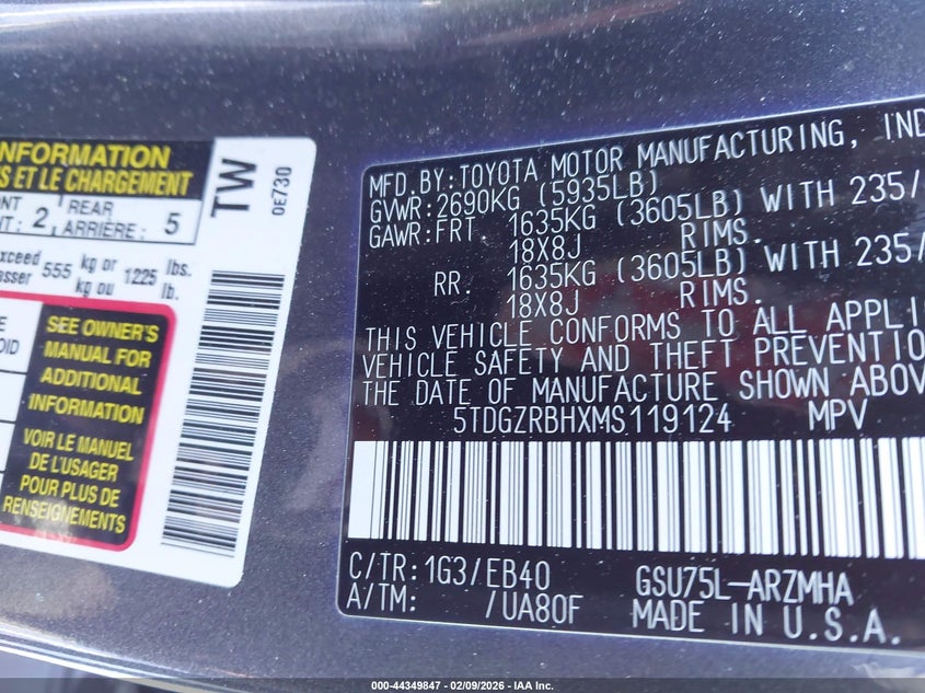 2021 Toyota Highlander VIN 5TDGZRBHXMS119124 IAAI salvage auction — FRONT END, Mv-907A (New York), sold $11,200 on 2026-08-01 (photo 9)
