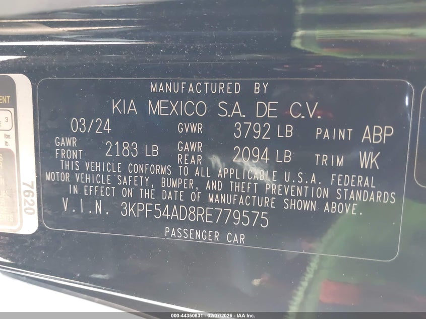 2024 Kia Forte VIN 3KPF54AD8RE779575 IAAI salvage auction — LEFT REAR, Salvage Title, sold $7,500 on 2026-07-08 (photo 9)