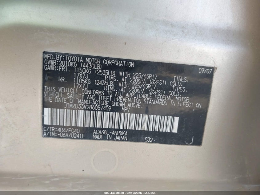 2008 Toyota Rav4 VIN JTMZD33V286057409 IAAI salvage auction — FRONT END, Clear (Oklahoma), sold $1,225 on 2026-07-08 (photo 9)