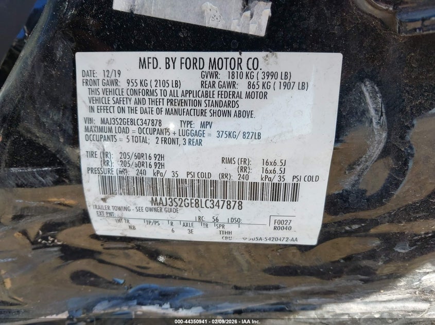2020 Ford Ecosport VIN MAJ3S2GE8LC347878 IAAI salvage auction — FRONT END, Salvage Title, sold $200 on 2026-07-06 (photo 9)