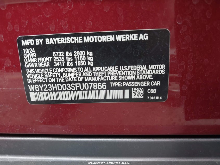 2025 BMW I4 VIN WBY23HD03SFU07866 IAAI salvage auction — FRONT END, Salvage (California), sold $10,250 on 2026-07-27 (photo 9)