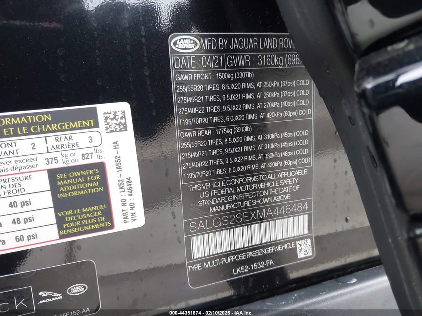 2021 Land rover RANGE ROVER VIN SALGS2SEXMA446484 IAAI salvage auction — Front End, Salvage (California), sold $20,950 on 2026-04-01 (photo 9)