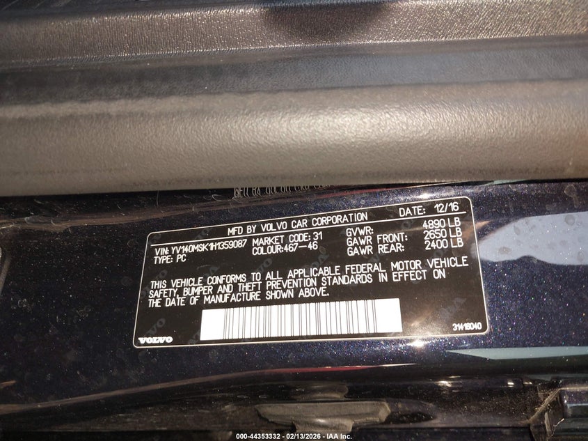2017 Volvo V60 VIN YV140MSK1H1359087 IAAI salvage auction — FRONT END, Salvage (Illinois), sold $500 on 2026-08-13 (photo 9)