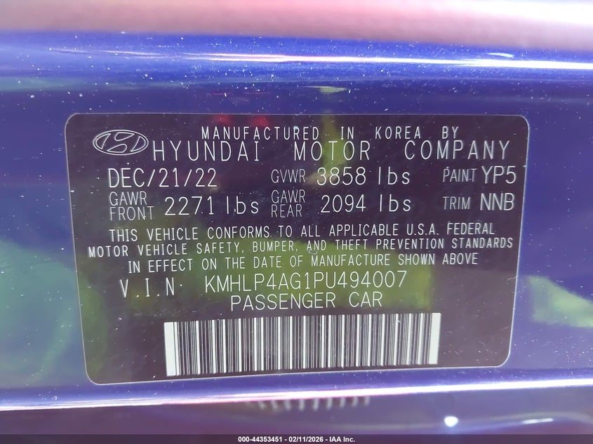 2023 Hyundai Elantra VIN KMHLP4AG1PU494007 IAAI salvage auction — ROLLOVER, Salvage (Indiana), sold $1,700 on 2026-07-28 (photo 9)