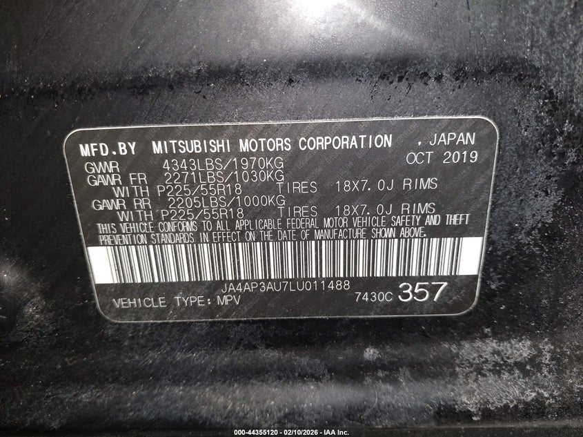 2020 Mitsubishi Outlander VIN JA4AP3AU7LU011488 IAAI salvage auction — FRONT END, Salvage (North Carolina), sold $3,150 on 2026-08-01 (photo 9)