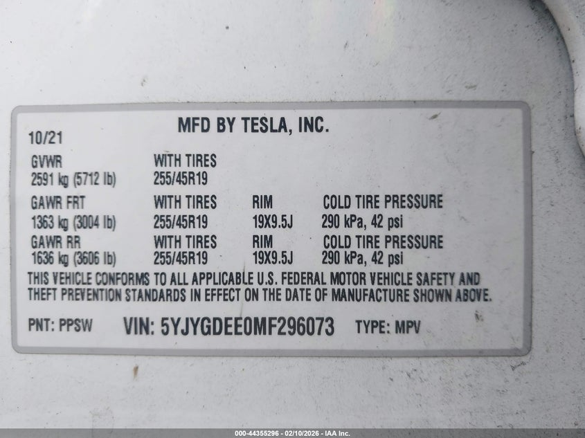 2021 Tesla Model y VIN 5YJYGDEE0MF296073 IAAI salvage auction — LEFT & RIGHT, Salvage - Greater Than 75% (Maryland), sold $3,650 on 2026-07-28 (photo 9)