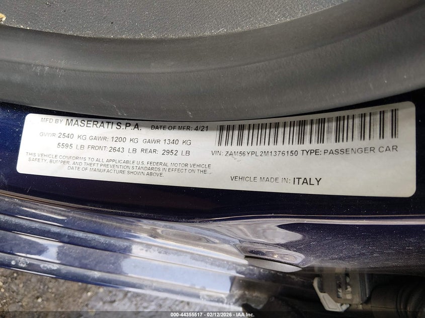 2021 Maserati Quattroporte VIN ZAM56YPL2M1376150 IAAI salvage auction — REAR END, Salvage Title, sold $12,150 on 2026-07-06 (photo 9)