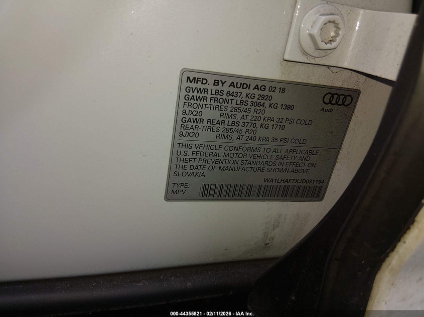 2018 Audi Q7 VIN WA1LHAF7XJD031194 IAAI salvage auction — FRONT END, Salvage (New Jersey), sold $8,000 on 2026-07-09 (photo 9)