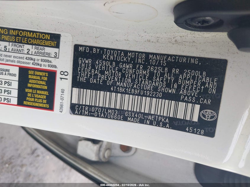 2015 Toyota Avalon VIN UT1BK1EB9FU192230 IAAI salvage auction — VANDALISM, Salvage Title, sold $2,650 on 2026-07-07 (photo 9)