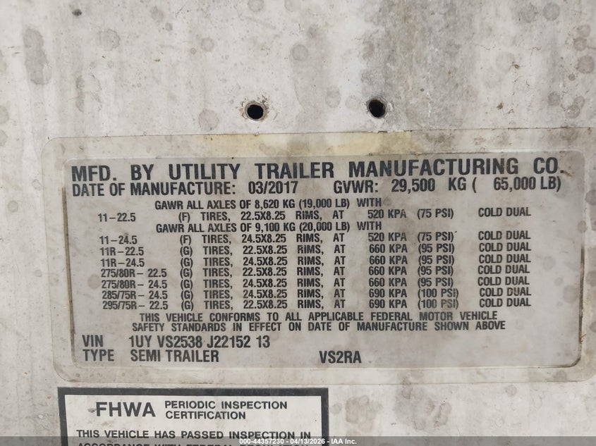 2018 Utility trailer mfg Utility trailer mfg VIN 1UYVS2538J2215213 IAAI salvage auction — ALL OVER, Regular (South Dakota), sold $25 on 2026-07-28 (photo 9)