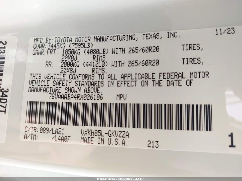 2024 Toyota Sequoia VIN 7SVAAABA4RX026186 IAAI salvage auction — FRONT END, Salvage Title, sold $28,250 on 2026-07-29 (photo 9)