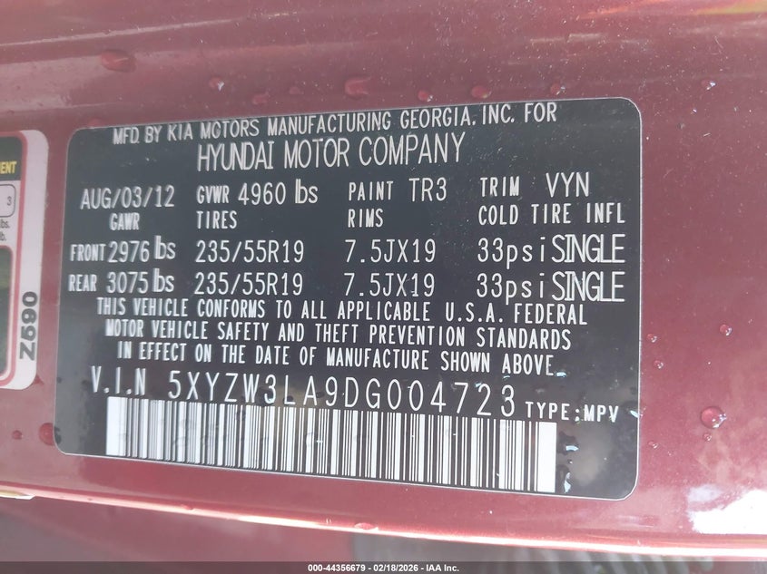 2013 Hyundai Santa fe VIN 5XYZW3LA9DG004723 IAAI salvage auction — FRONT END, Clear (Oklahoma), sold $425 on 2026-07-28 (photo 9)
