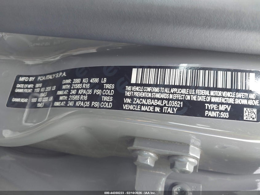2020 Jeep Renegade VIN ZACNJBAB4LPL03521 IAAI salvage auction — SIDE, Clear (Hawaii), sold $2,800 on 2026-07-17 (photo 9)