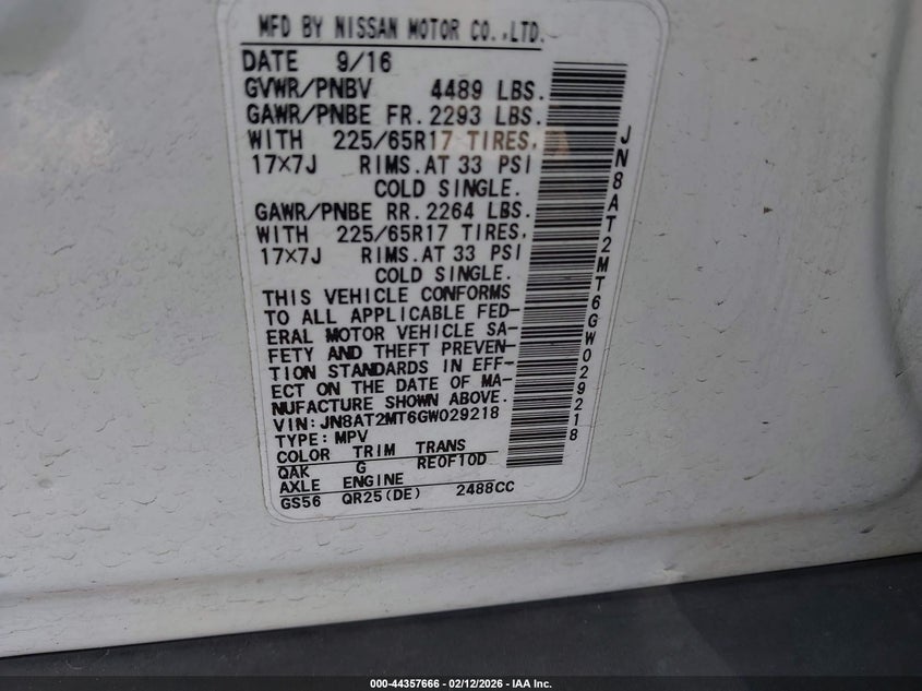 2016 Nissan Rogue Sport VIN JN8AT2MT6GW029218 IAAI salvage auction — Front End, Salvage (Arizona), sold $1,400 on 2026-07-09 (photo 9)