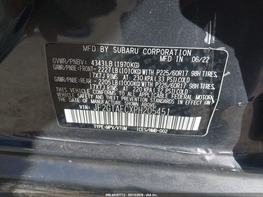 2023 Subaru Xv VIN JF2GTAECXPH205451 IAAI salvage auction — LEFT SIDE, Salvage (California), sold $8,400 on 2026-07-09 (photo 9)