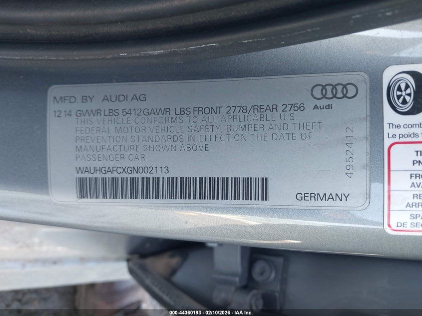 2016 Audi A6 VIN WAUHGAFCXGN002113 IAAI salvage auction — REAR END, Salvage Title, sold $1,525 on 2026-07-21 (photo 9)