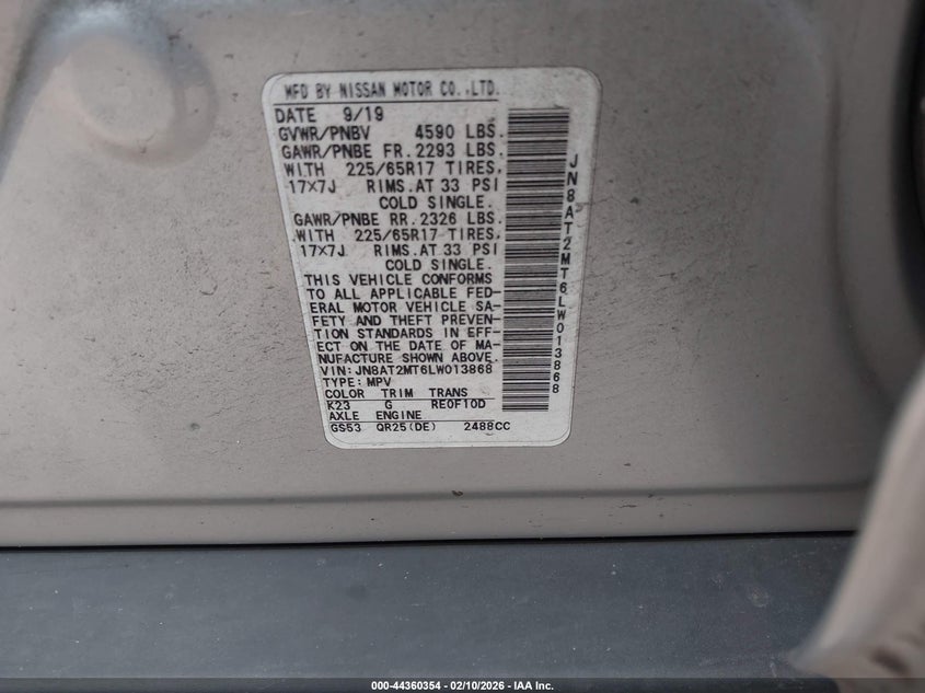 2020 Nissan Rogue VIN JN8AT2MT6LW013868 IAAI salvage auction — FRONT END, Salvage Title, sold $1,400 on 2026-07-20 (photo 9)