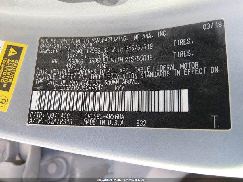 2018 Toyota Highlander VIN 5TDDGRFHXJS044617 IAAI salvage auction — FRONT END, Salvage Title, sold $5,000 on 2026-08-02 (photo 9)