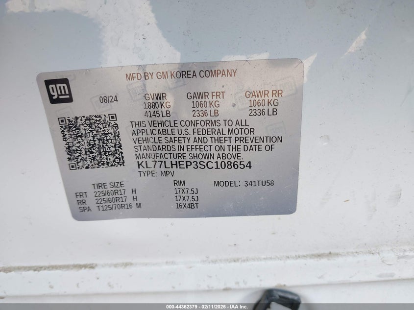 2025 Chevrolet Trax VIN KL77LHEP3SC108654 IAAI salvage auction — FRONT END, Salvage (Indiana), sold $3,000 on 2026-07-15 (photo 9)