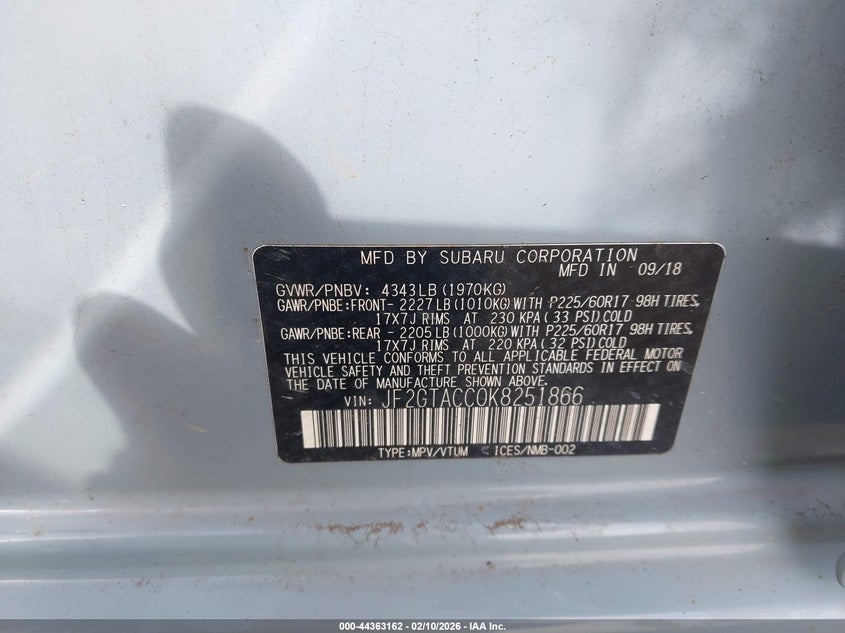 2019 Subaru Xv VIN JF2GTACC0K8251866 IAAI salvage auction — RIGHT FRONT, Salvage Title, sold $1,000 on 2026-07-07 (photo 9)