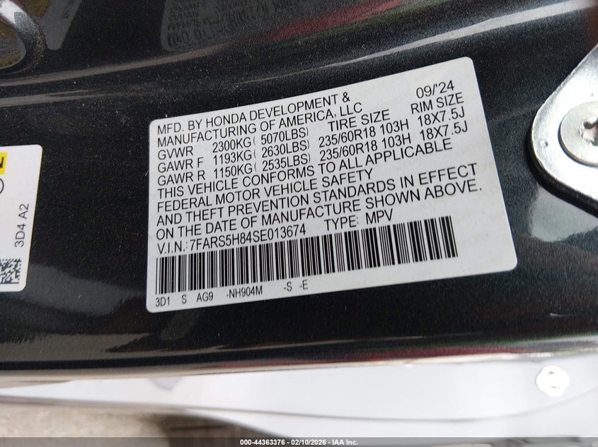 2025 Honda Cr-v VIN 7FARS5H84SE013674 IAAI salvage auction — THEFT, Salvage Title, sold $6,100 on 2026-07-23 (photo 9)