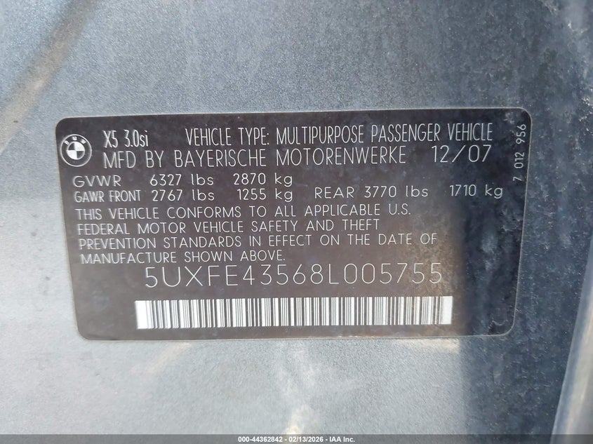 2008 BMW X5 VIN 5UXFE43568L005755 IAAI salvage auction — REPOSSESSION, Clear - Dealer Only (California), sold $375 on 2026-07-09 (photo 9)
