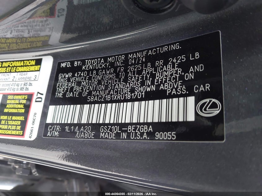 2024 Lexus ES VIN 58ACZ1B1XRU181701 IAAI salvage auction — REAR END, Salvage Title, sold $16,500 on 2026-07-09 (photo 9)