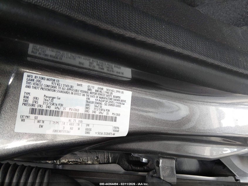 2014 Ford Focus VIN 1FADP3F25EL110934 IAAI salvage auction — RIGHT FRONT, Salvage (California), sold $325 on 2026-07-09 (photo 9)