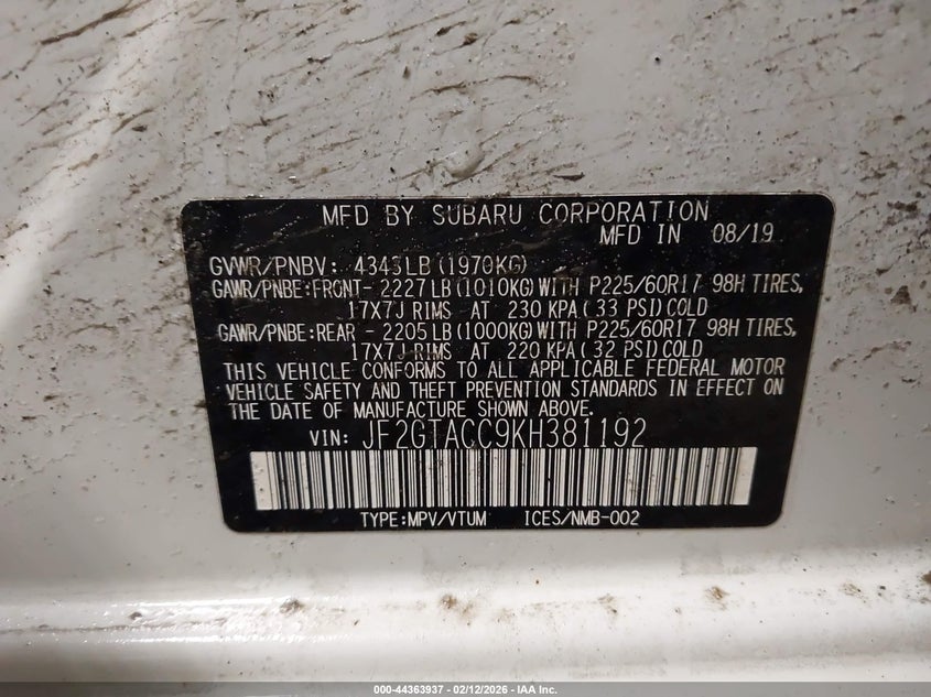 2019 Subaru Xv VIN JF2GTACC9KH381192 IAAI salvage auction — RIGHT FRONT, Salvage (Maine), sold $1,750 on 2026-07-27 (photo 9)