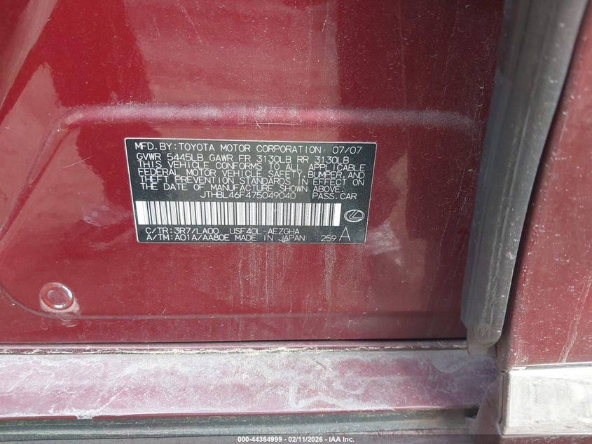 2007 Lexus Ls 460 VIN JTHBL46F475049040 IAAI salvage auction — ELECTRICAL, Clear (Virginia), sold $875 on 2026-07-30 (photo 9)