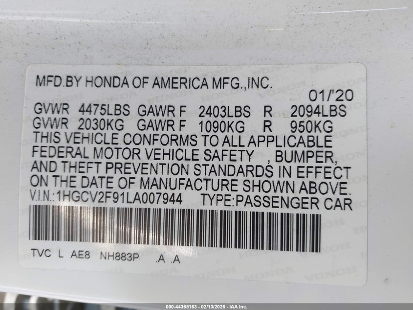 2020 Honda Accord VIN 1HGCV2F91LA007944 IAAI salvage auction — FRONT END, Salvage - Greater Than 75% (Maryland), sold $7,600 on 2026-07-31 (photo 9)