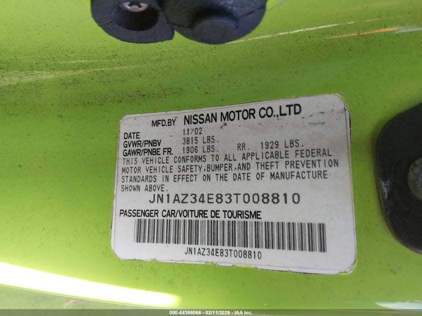 2003 Nissan 350z VIN JN1AZ34E83T008810 IAAI salvage auction — THEFT, Salvage (Ohio), sold $300 on 2026-07-28 (photo 9)