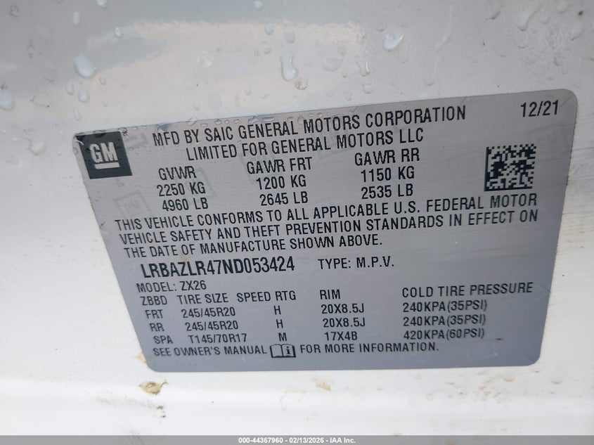 2022 Buick Envision VIN LRBAZLR47ND053424 IAAI salvage auction — FRONT END, Salvage Title, sold $2,600 on 2026-07-29 (photo 9)