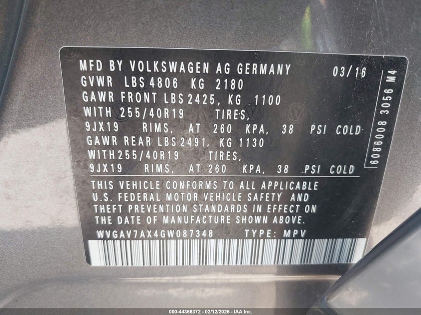2016 Volkswagen Tiguan VIN WVGAV7AX4GW087348 IAAI salvage auction — LEFT SIDE, Salvage Title, sold $3,500 on 2026-08-06 (photo 9)