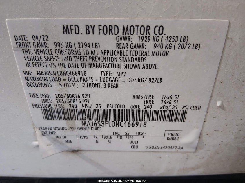 2022 Ford Ecosport VIN MAJ6S3FL0NC466918 IAAI salvage auction — RIGHT FRONT, Salvage Title, sold $1,300 on 2026-07-10 (photo 9)