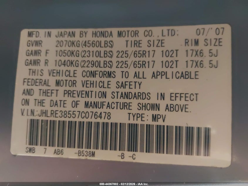 2007 Honda Cr-v VIN JHLRE38557C076478 IAAI salvage auction — FRONT & REAR, Salvage (Pennsylvania), sold $1,900 on 2026-07-07 (photo 9)