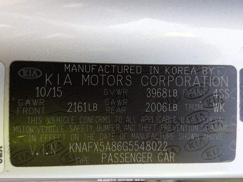 2016 Kia Forte VIN KNAFX5A86G5548022 IAAI salvage auction — REAR END, Original (Texas), sold $725 on 2026-07-15 (photo 9)