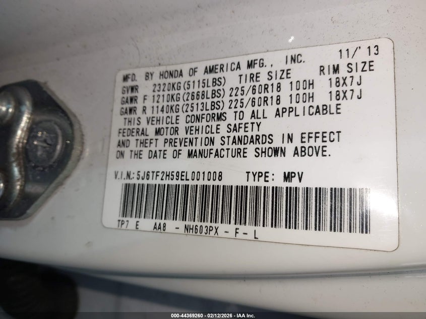 2014 Honda Crosstour VIN 5J6TF2H59EL001008 IAAI salvage auction — FRONT END, Salvage Title, sold $875 on 2026-07-20 (photo 9)