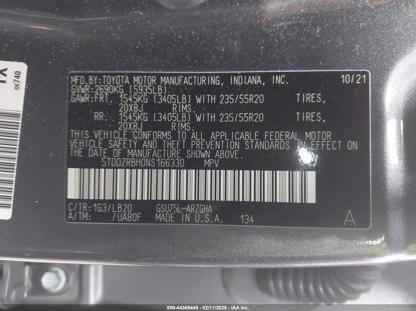 2022 Toyota Highlander VIN 5TDDZRBH0NS166330 IAAI salvage auction — LEFT REAR, Salvage (Pennsylvania), sold $12,300 on 2026-07-28 (photo 9)