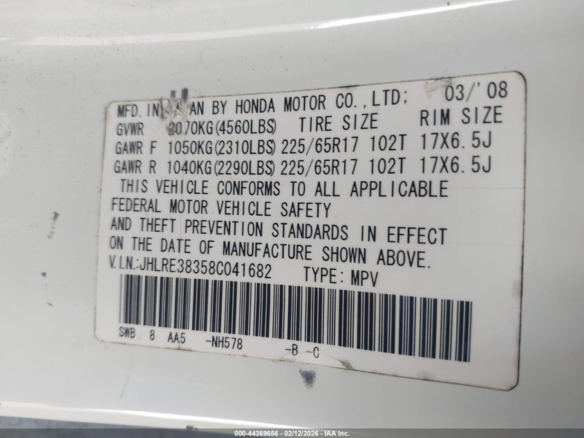 2008 Honda Cr-v VIN JHLRE38358C041682 IAAI salvage auction — FRONT & REAR, Bill Of Sale (New York), sold $25 on 2026-07-28 (photo 9)